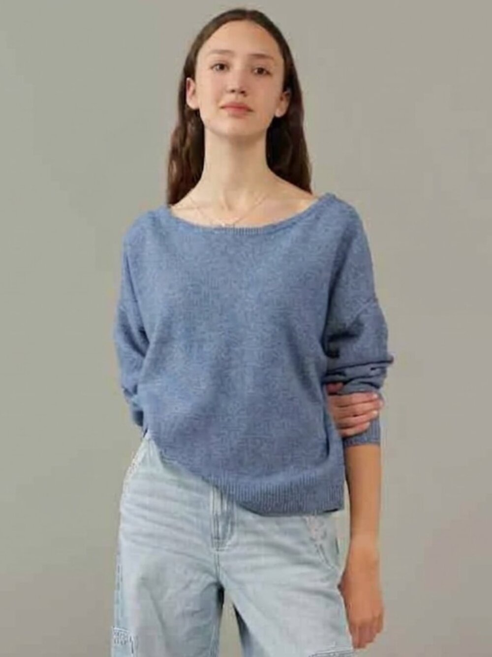 *NWT AE Whoa So Soft Ballet-Neck Sweater Heather Cornflower Blue Oversized Small